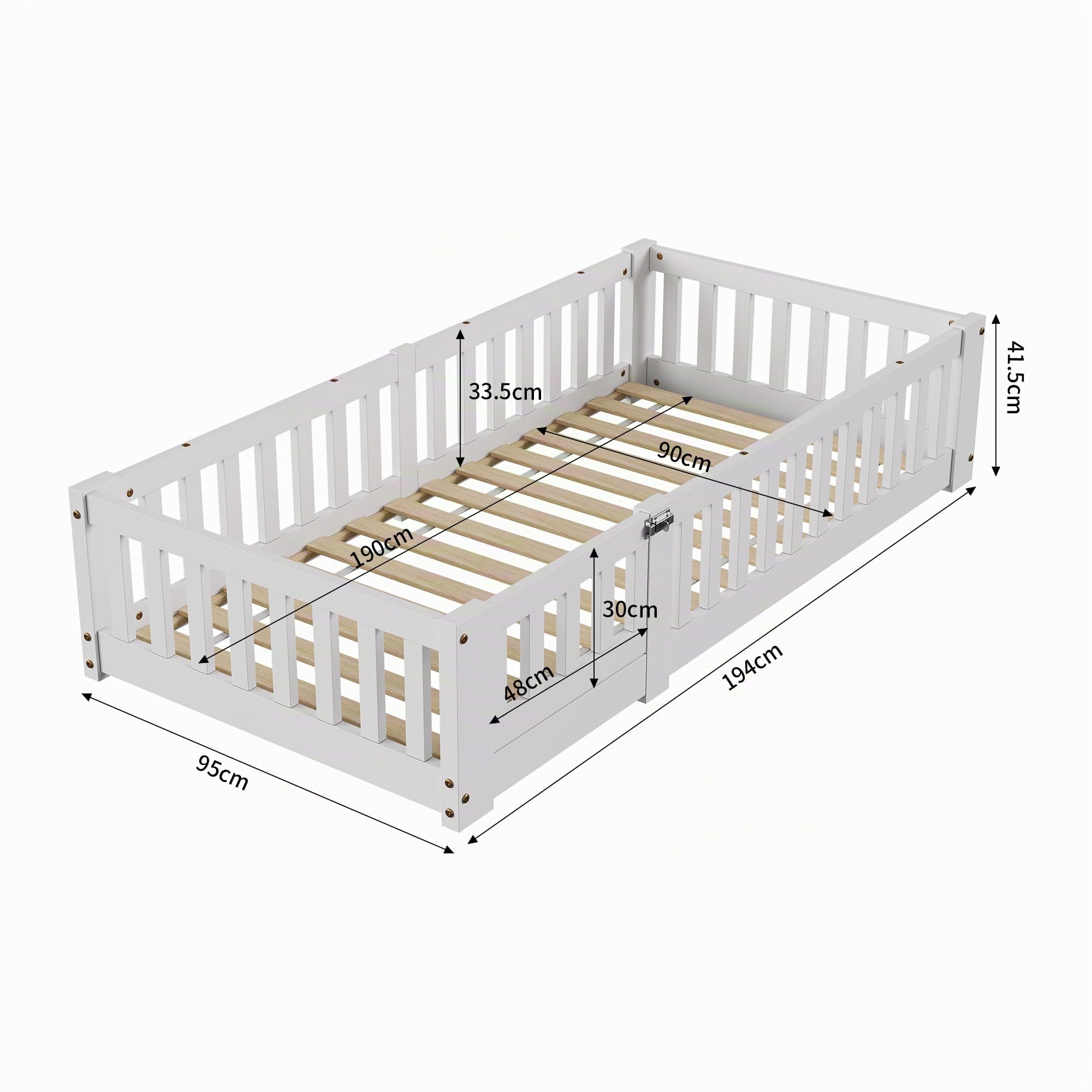 Cama infantil 90x190 cm, cama Montessori en el suelo de madera maciza pino con protección contra caídas y somier de láminas, cama de barrotes para niños y niñas, color blanco