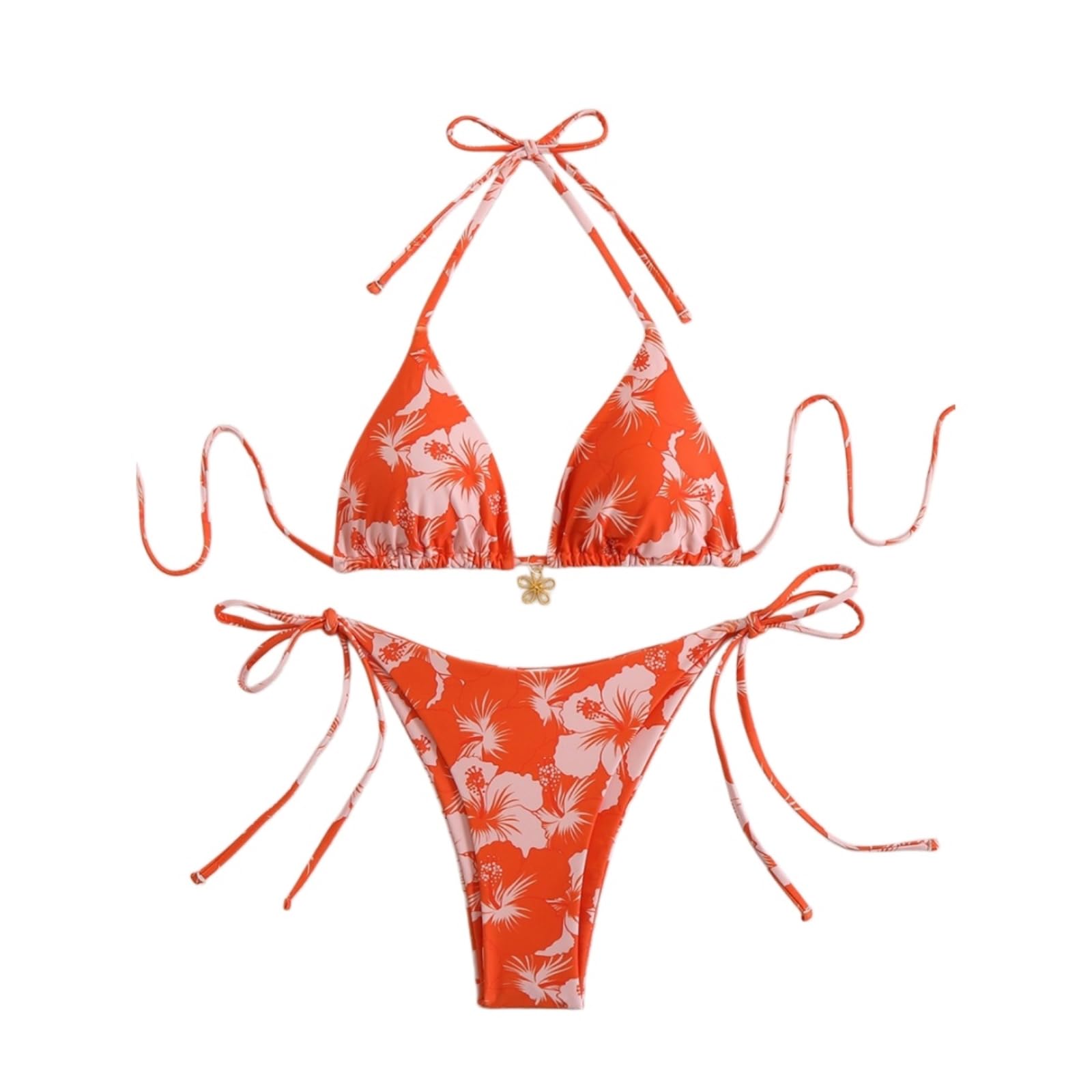 Bikini Donna Donne Floral Stampa Set Triangolo Top Cravatta Side Costume da Bagno-Orange-s