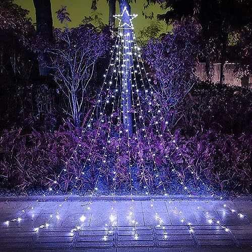 Cerflyer JT-EL/FC300V0200-C Christmas Decoration Lights, Outdoor Christmas String Lights 320 Led 16.4 Ft Waterfall Tree Lights With Big Star Topper 8 Light Modes For Christmas New Year Holiday Garden Yard Indoor Outdoor Decor cover
