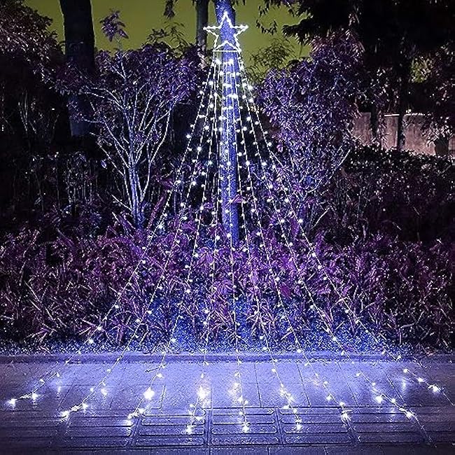 Christmas Decoration Lights, Outdoor Christmas String Lights 320 LED 11.5 Ft Waterfall Tree Lights with Big Star Topper 8 Light Modes for Christmas New Year Holiday Garden Yard Indoor Outdoor Decor