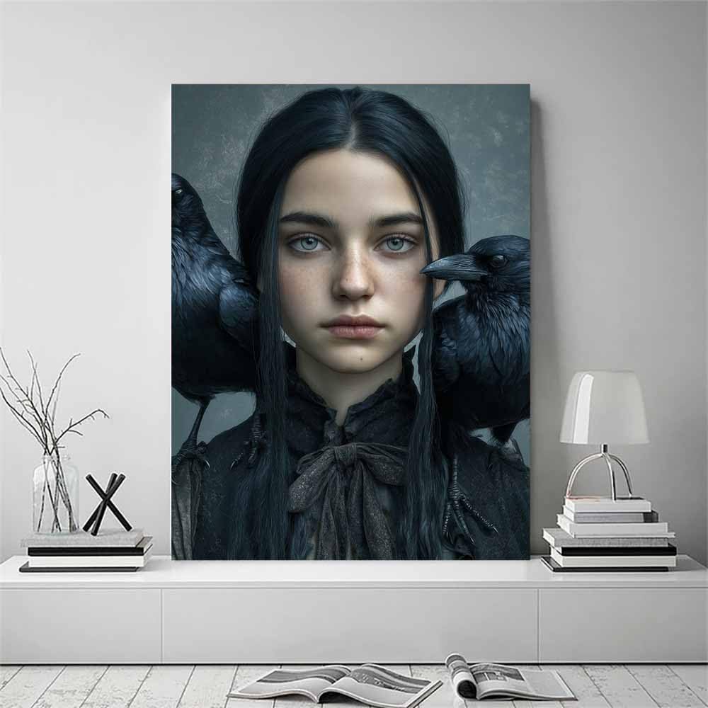 CUDAOO Dekoracje na przyjęcie halloweenowe druk na płótnie straszny towarzysz dziewczyny kruk obraz dekoracja ścienna salon sypialnia łazienka (czarny 214)-70 x 100 cm oprawione