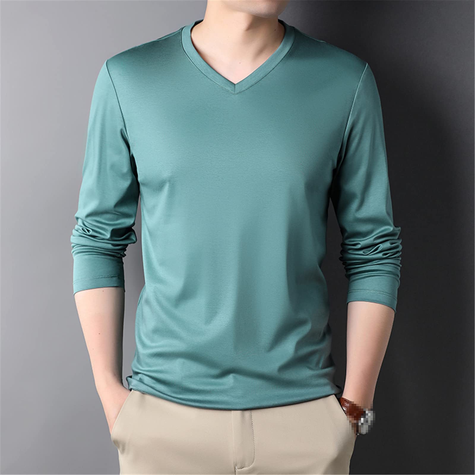 Moda cuello en V Color sólido algodón suave camiseta hombres manga larga Tops casual ropa para hombre, Negro, M