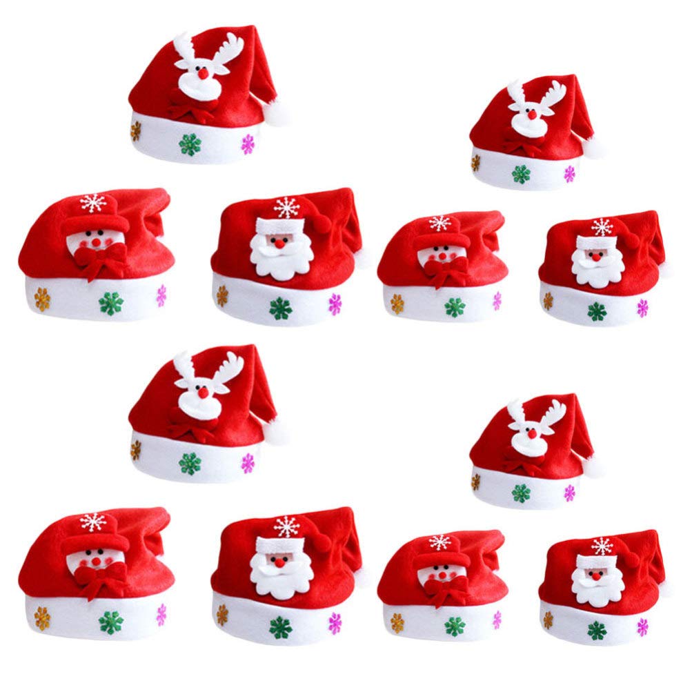 MALINK 12pcs Christmas Hats with Lights Xmas Holiday Hats for Adults and Kids Xmas Santa Hats with Snowman Santa Reindeer Pattern Christmas Holiday Party Costume Accessories Red
