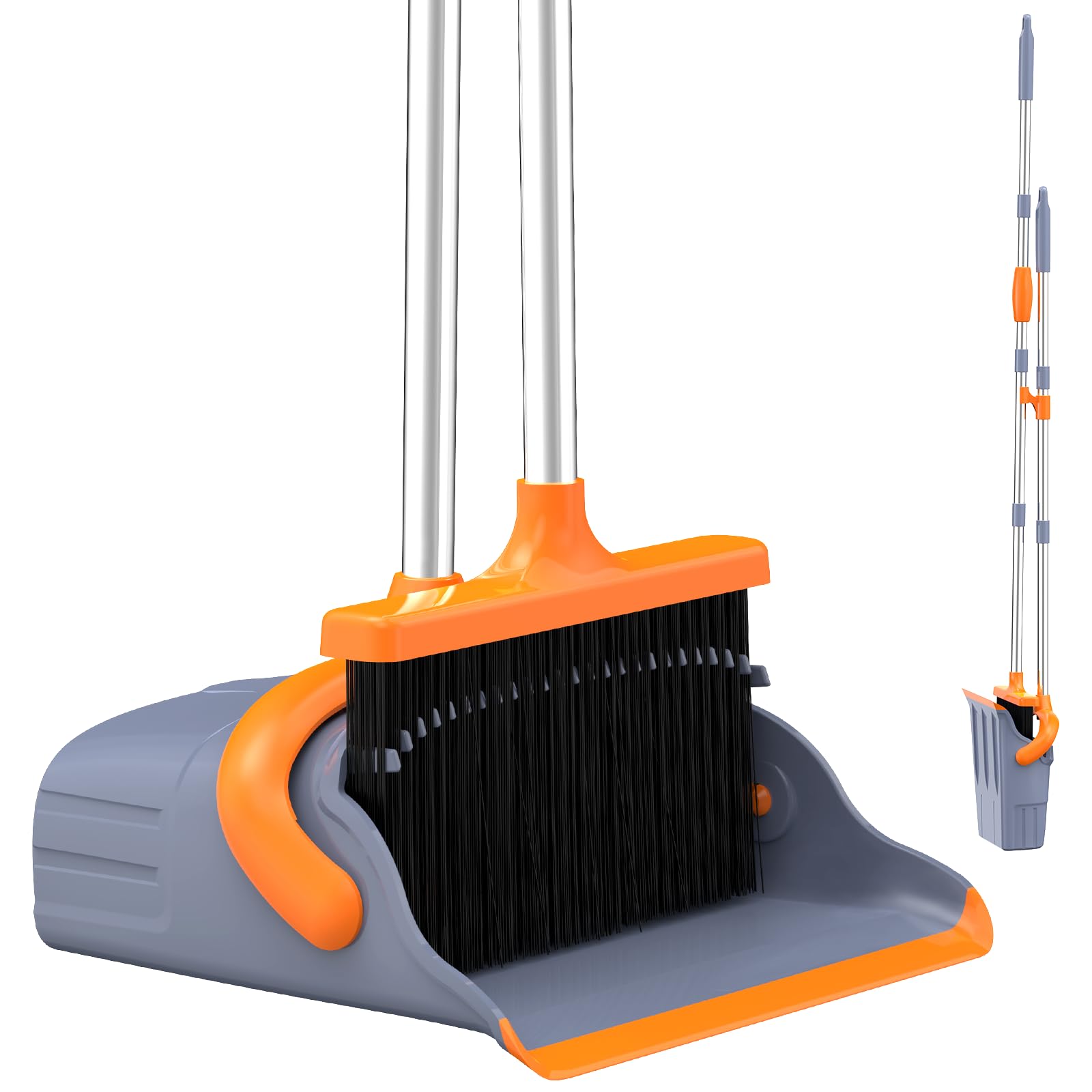 Multi-Surface Foldable Broom & Dustpan Set - Dual-Axis Lock & Weatherproof Build, Indoor, Outdoor Use (Gray-Orange)