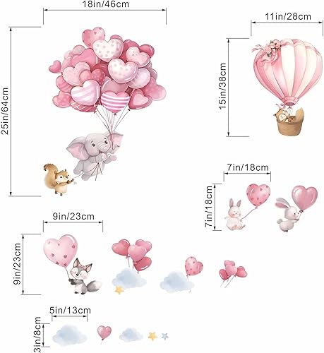 Miniatura 4 de Pegatinas de pared de globos de animales para guardería calcomanías de pared de dormitorio para bebés, niñas y niños, color rosa globo aerostático