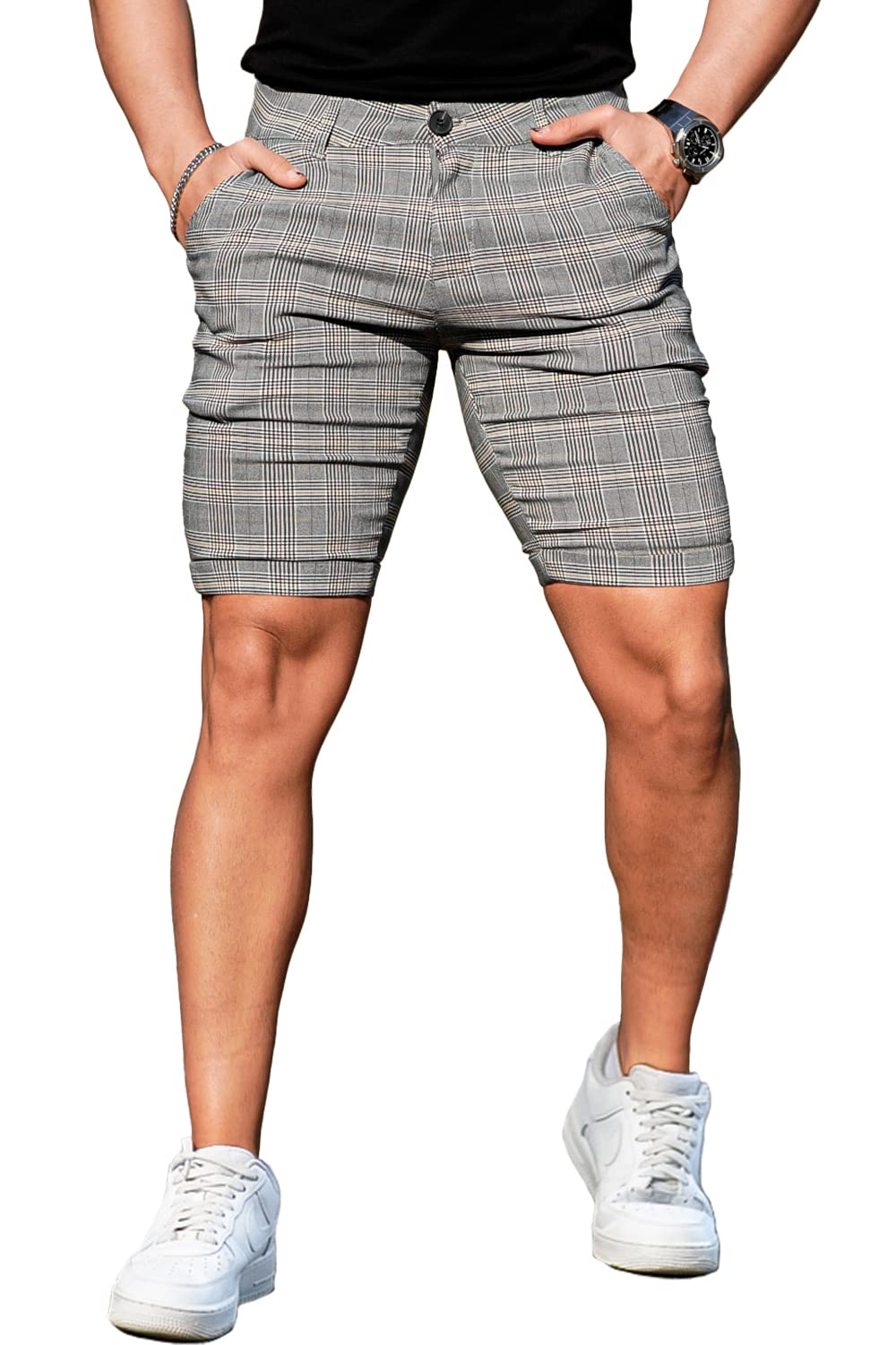 GINGTTOMens Slim Fit Shorts Plaid Chino Short Tapered Leg Skinny Stretch