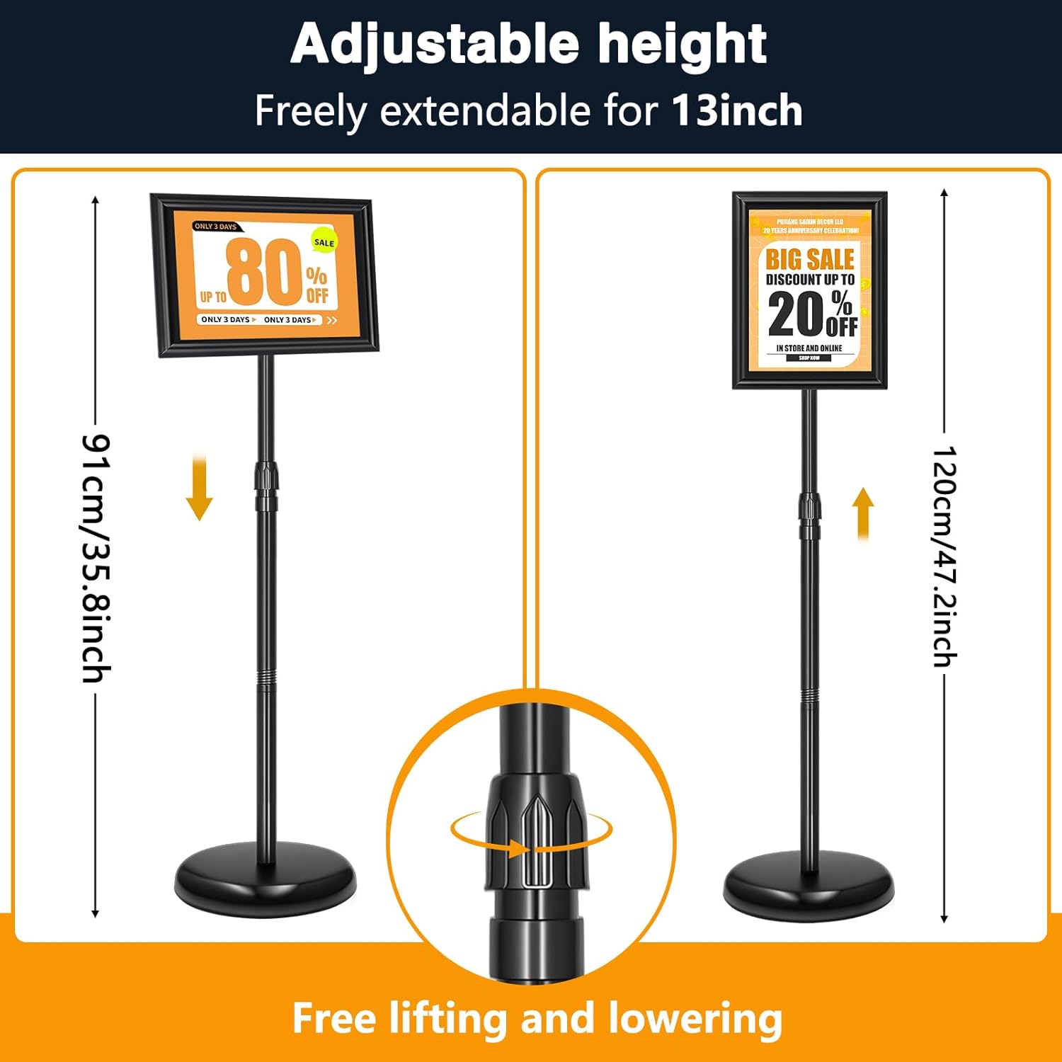 2 Pack Sign Holder Stand 8.5x11 inch, Height Adjustable Floor Standing Signage Stand with 360° Rotated Frame, Outdoor Indoor Poster Stand with Base for Business, advertising, Malls