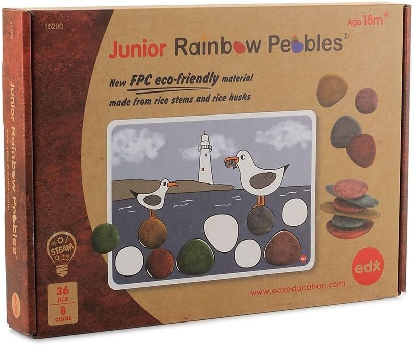Rainbow Pebbles Activity Set | Junior | Eco-Friendly | 36 Pebbles + 8 Activity Cards | Ages 18m+ | Sorting and Stacking Stones for Fine Motor Skills