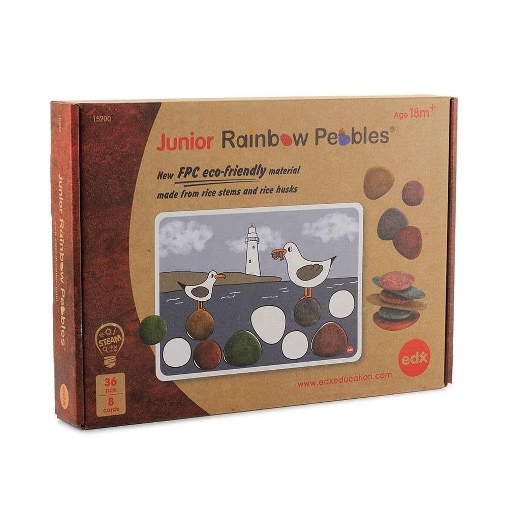 Rainbow Pebbles Activity Set - Junior - Eco-Friendly - 36 Pebbles + 8 Activity Cards - Ages 18m+ - Sorting and Stacking for Fine Motor Skills