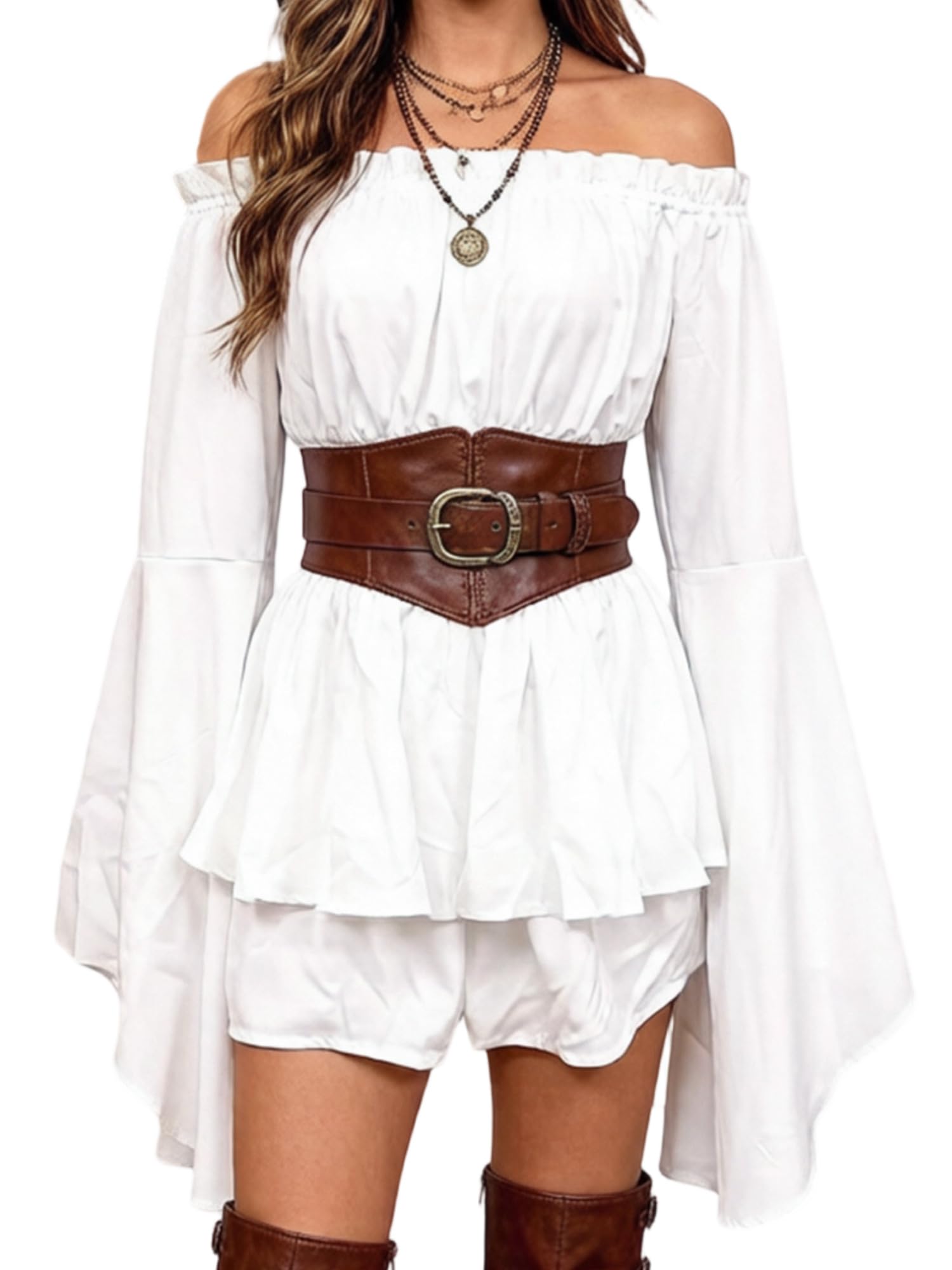 PofiKilot Women Off Shoulder Romper Ruffled Elastic Waist Layered Smocked Jumpsuit (A-Ivory, S)
