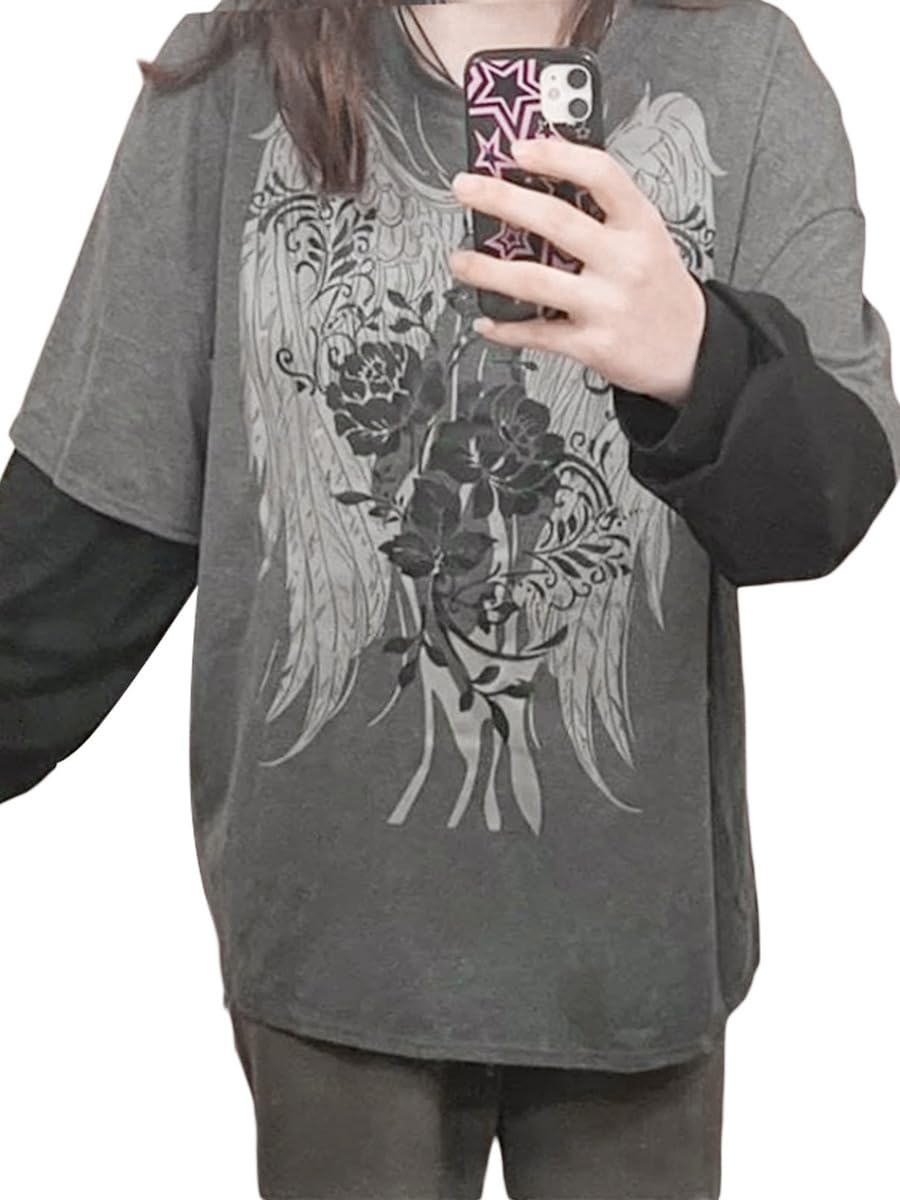 Goth Shirt Gothic Shirt Fake Two-Piece Alternative Clothing Goth Long Sleeve Top Grunge Clothes: Large Grey02