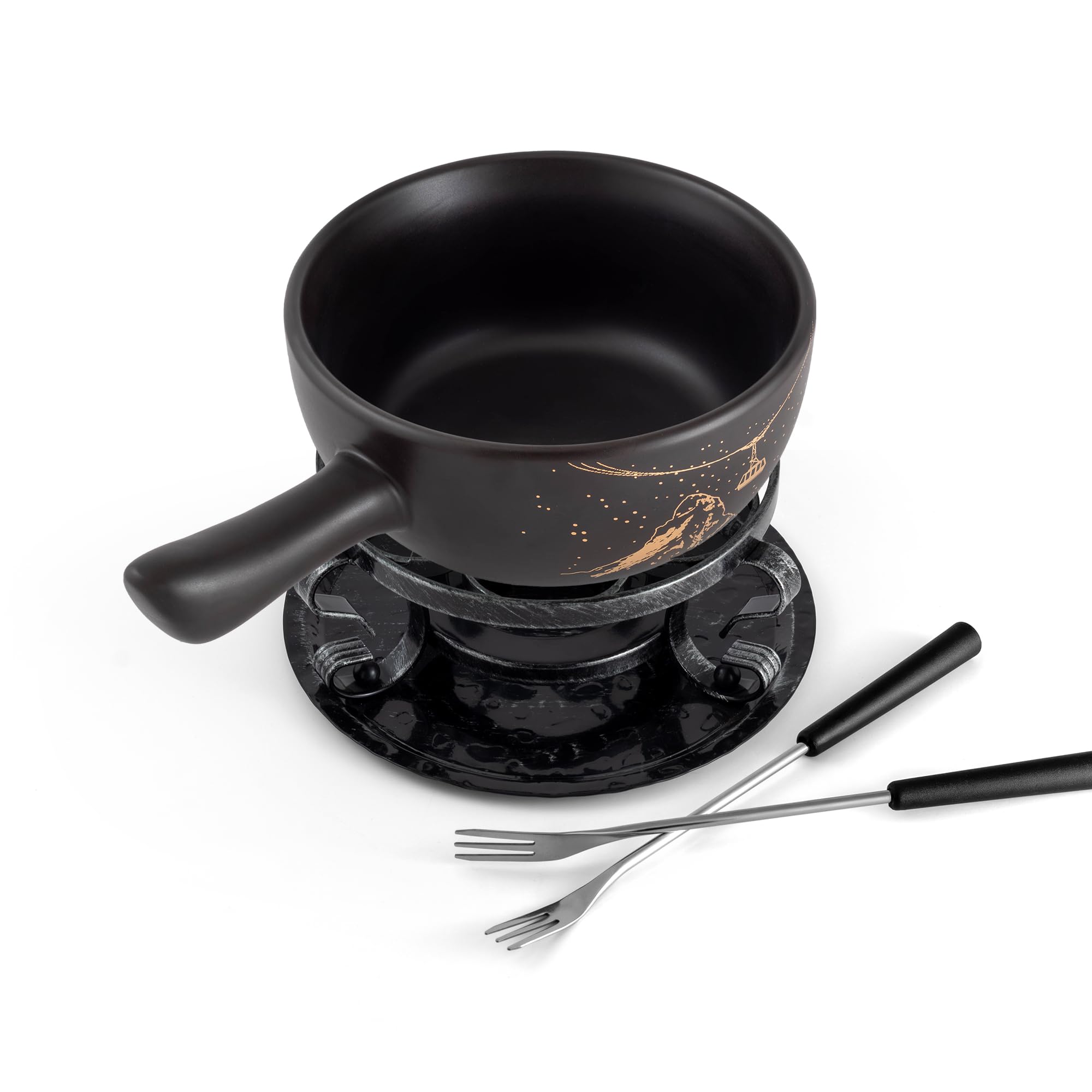 Gruyere Cheese Fondue Set - 2.8 QT / 2.65 L - Ceramic Fondue Pot with Rechaud, Fondue Burner, 6 Forks - Ideal for Melting Cheese, Chocolate & Caramel - Black