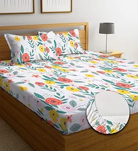 NEW LEAF Style Cotton Feel Glace Cotton Elastic Fitted Printed King Size Double Bed Bedsheet with 2 Pillow Cover (78