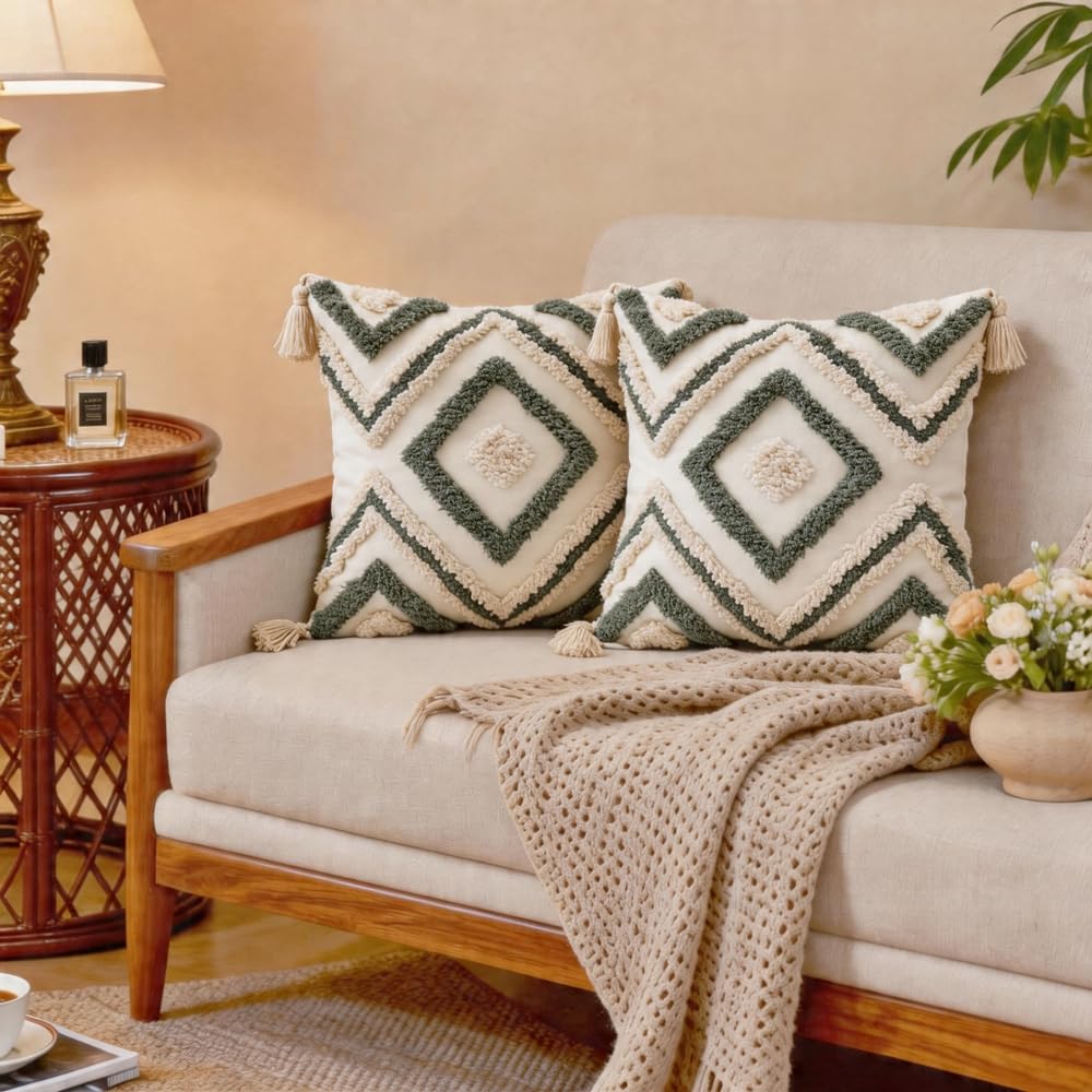 QIFONIX Decorative Throw Pillow Cover, Tufted Geometric Pattern, Tassel Corners, White with Multi-Colour Accents (Green,18" x 18" (Pack of 2))
