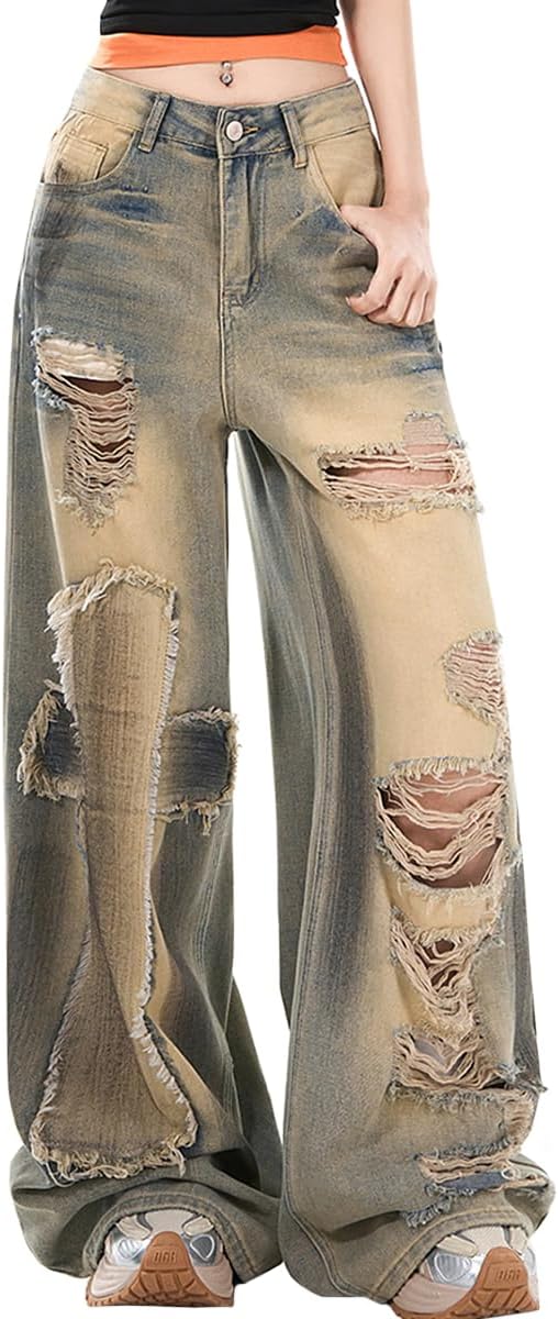 Harajuku High Waisted Straight Leg Jeans Y2K Gothic Vintage Patchwork Fringe Ripped Baggy Denim Pants