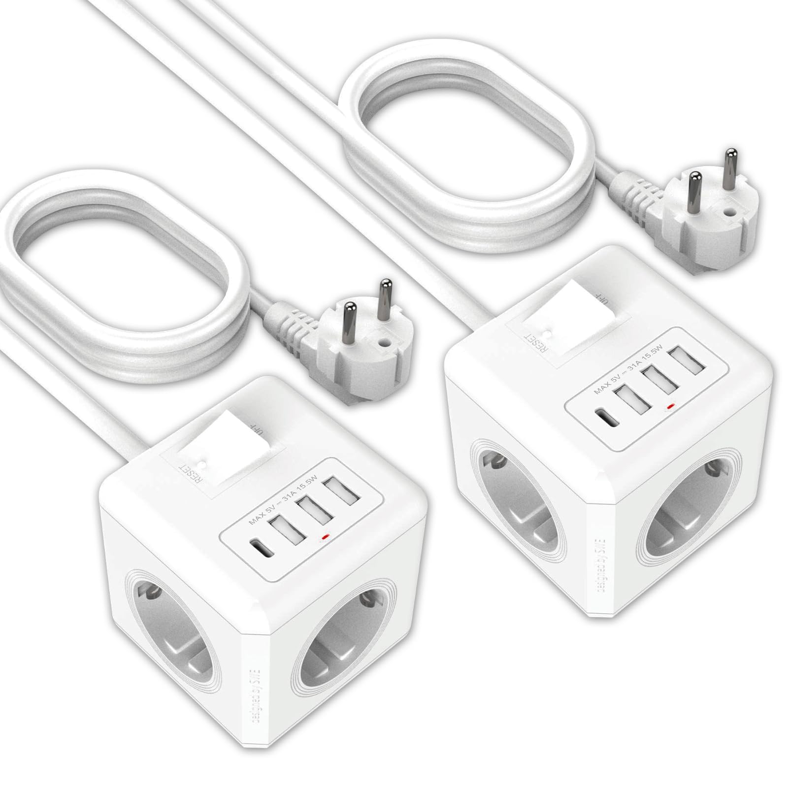 ANTELA Regleta Eléctrica Cubo 16A 3680W 3 Tomas Schuko + 4 Puertos USB (1 USB-C+3USB-A),Protección contra Sobrecarga,Largo de 1.5 Metros