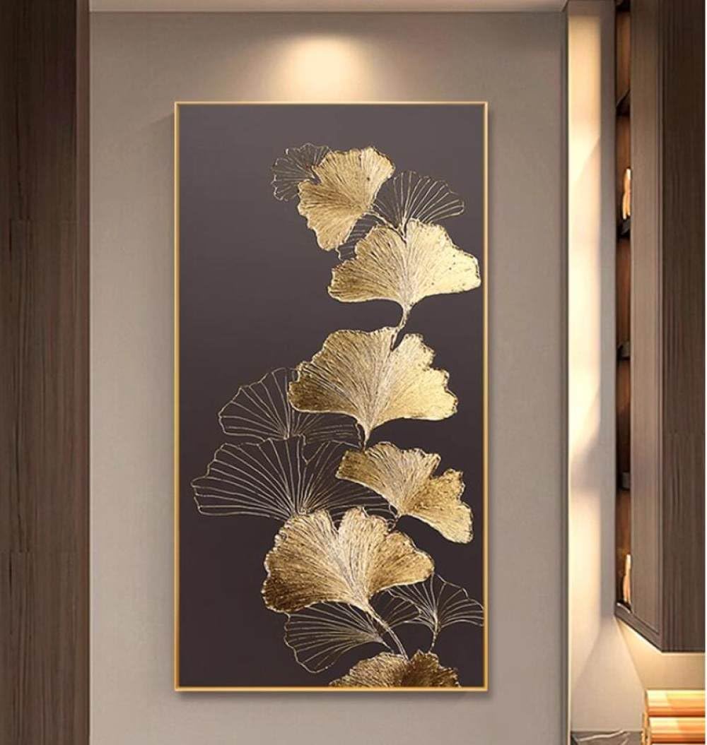 Peinture à l'huile texturée abstrait ginkgo art mural moderne vertical