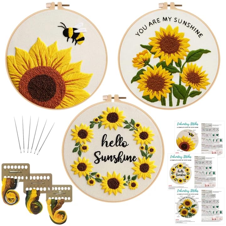 Image of Nuberlic Sunflower Embroidery Kit 3 Pack Embroidery Kits for Adults Beginners Starter Cross Stitch Kit Set with Sunflower Floral Designs - Perfect DIY Gift