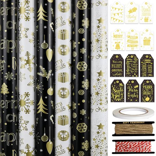 FullJoyHut 6 Rollos Papel Regalo Navideño Negro y Dorado, 43CM x 3M Rollos Papel Envolver Navideño Reciclables, Papel de Embalaje Navideño de Lujo con Etiquetas y Cinta para Decoración de Fiesta(Oro)