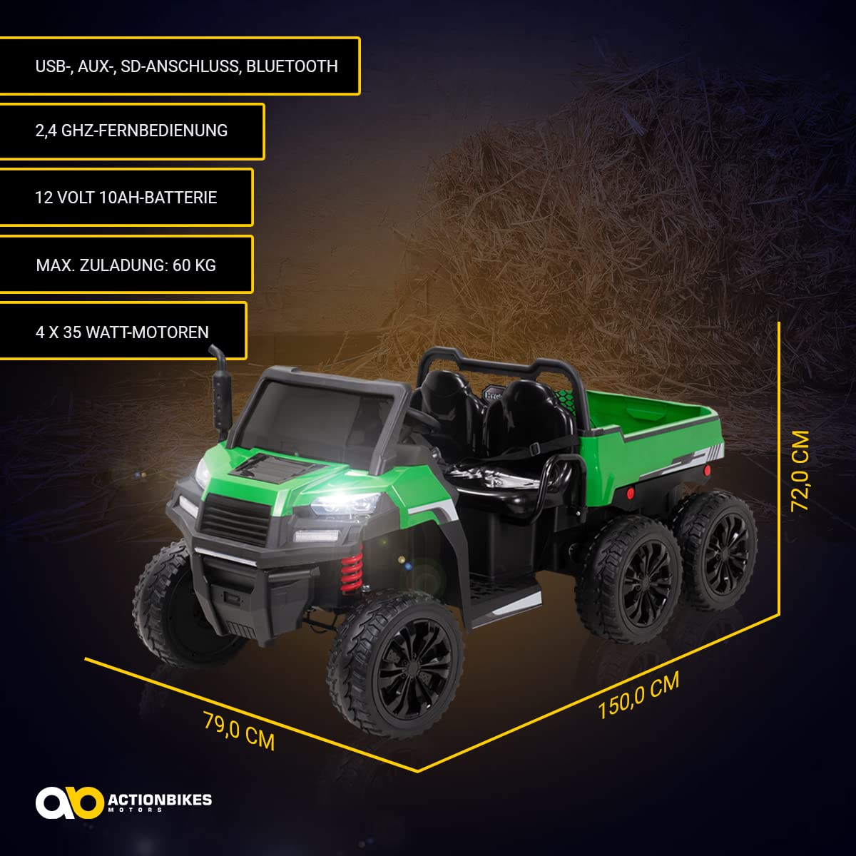 Actionbikes Motors Kinder Elektroauto UTV A730 | Fernbedienung mit First Funktion - 4-Rad Antrieb - Kinderauto elektrisch - Elektrofahrzeuge - Elektro Auto für Kinder ab 3 Jahre (Grün/Gelb)