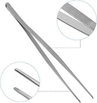 8 inch Long Kitchen Tweezers Stainless Steel, Chef Cooking Tweezers Tongs | Metal Tweezers Silver with Precision Serrated Tips Pincette for Baking Sea food, Bar Tweezer