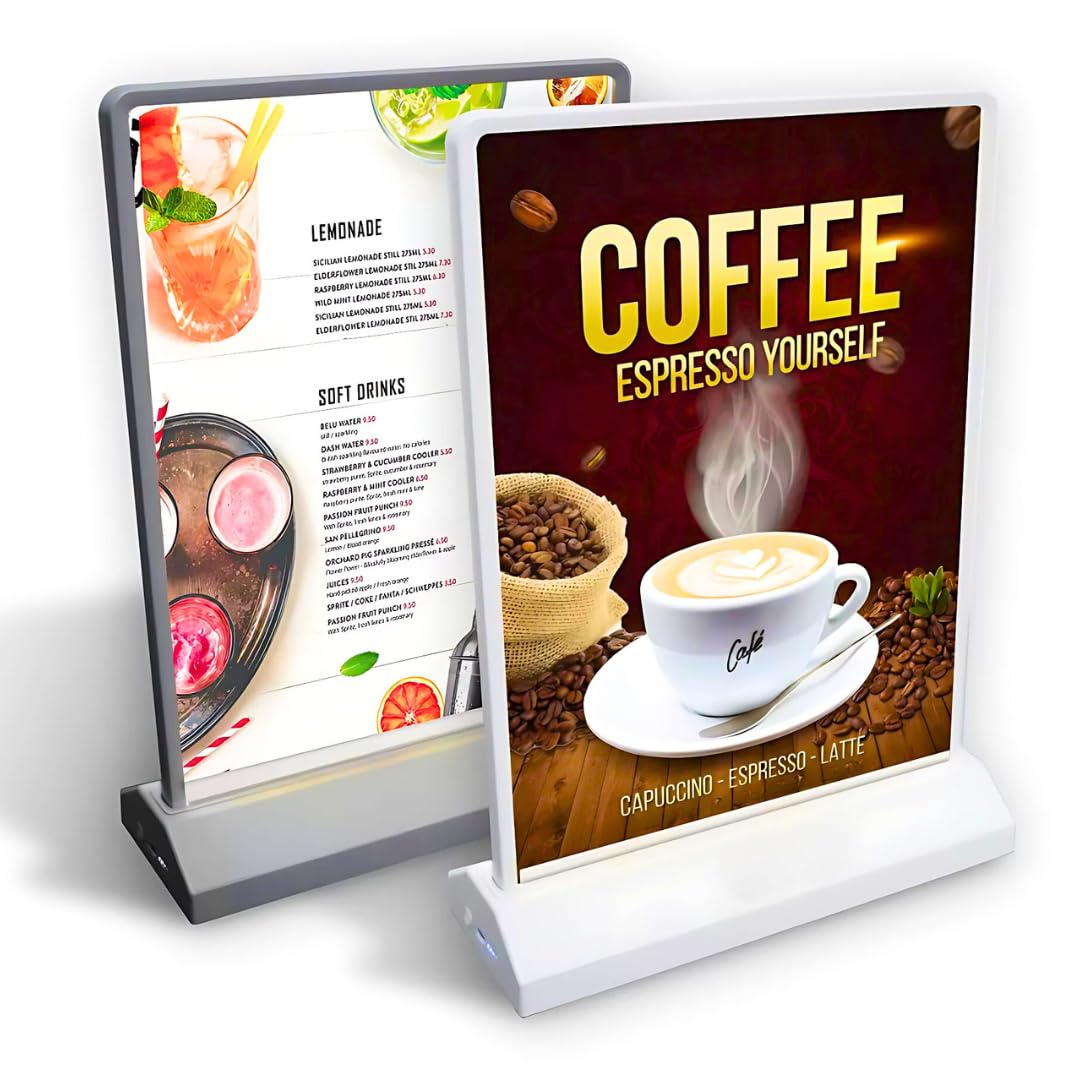 Rechargeable A4 Desktop Advertising LED Light Box – Dual-Sided, Portable Acrylic Flashing Light Table Menu Stand (A4 (210mm x 297mm), Black)