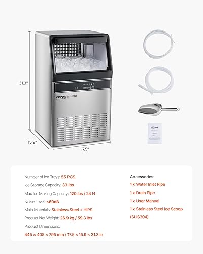 Miniatura 7 de VEVOR Máquina comercial para hacer hielo, máquina de hielo de 120 libras/24 horas con capacidad de almacenamiento de 33 libras, 55 cubitos de hielo