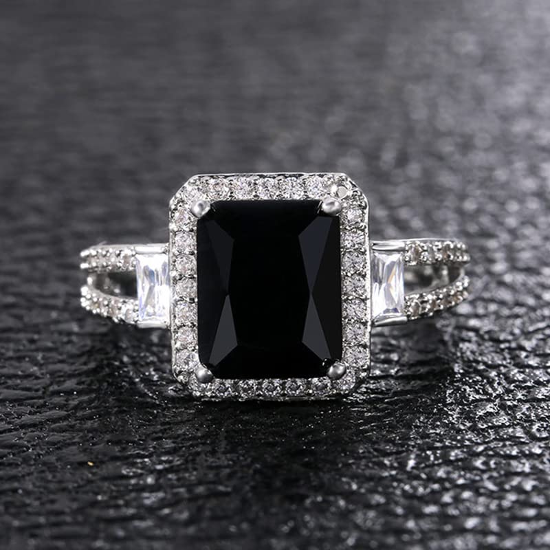 925 Sterling Silver Black Gemstone Creative Couple Fashion Square Cut Black Agate Cubic Zirconia Promise Ring CZ Eternal Engagement Wedding Jewelry-Making-Patterns