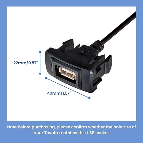 Miniatura 2 de Anina Cargador de coche con puerto USB de 1.57 x 0.87 pulgadas para Toyota, adaptador de enchufe USB macho a hembra, cable de extensión de montaje