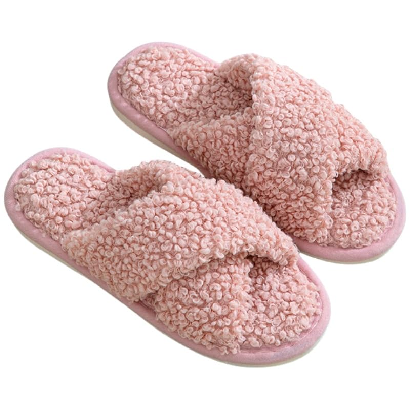 Women's plush home cotton slippers with cross-strap design, breathable and comfortable, suitable for indoor and outdoor use, casual and lightweight.