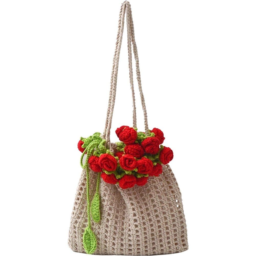 Sanfly Rose Crochet Handbag Retro Hollow Woven Shoulder Bags Cute Knitted Shoulder Tote Bag Floral Hollowed Out Armpit Bags