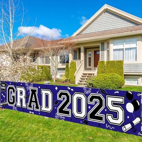 Ticuenicoa GRAD 2025 Yard Signs 120x20 Inches, Graduation Lawn Sign with Fireworks, Cap & Balloons, Purple Backdrop for Outdoor Decor
