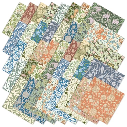 JarThenaAMCS 40Pcs William Morris Cotton Fabric Bundles 10 x 10 Inch Retro Floral Fabric Squares Spring Sewing Fabrics for DIY Craft Party Decor