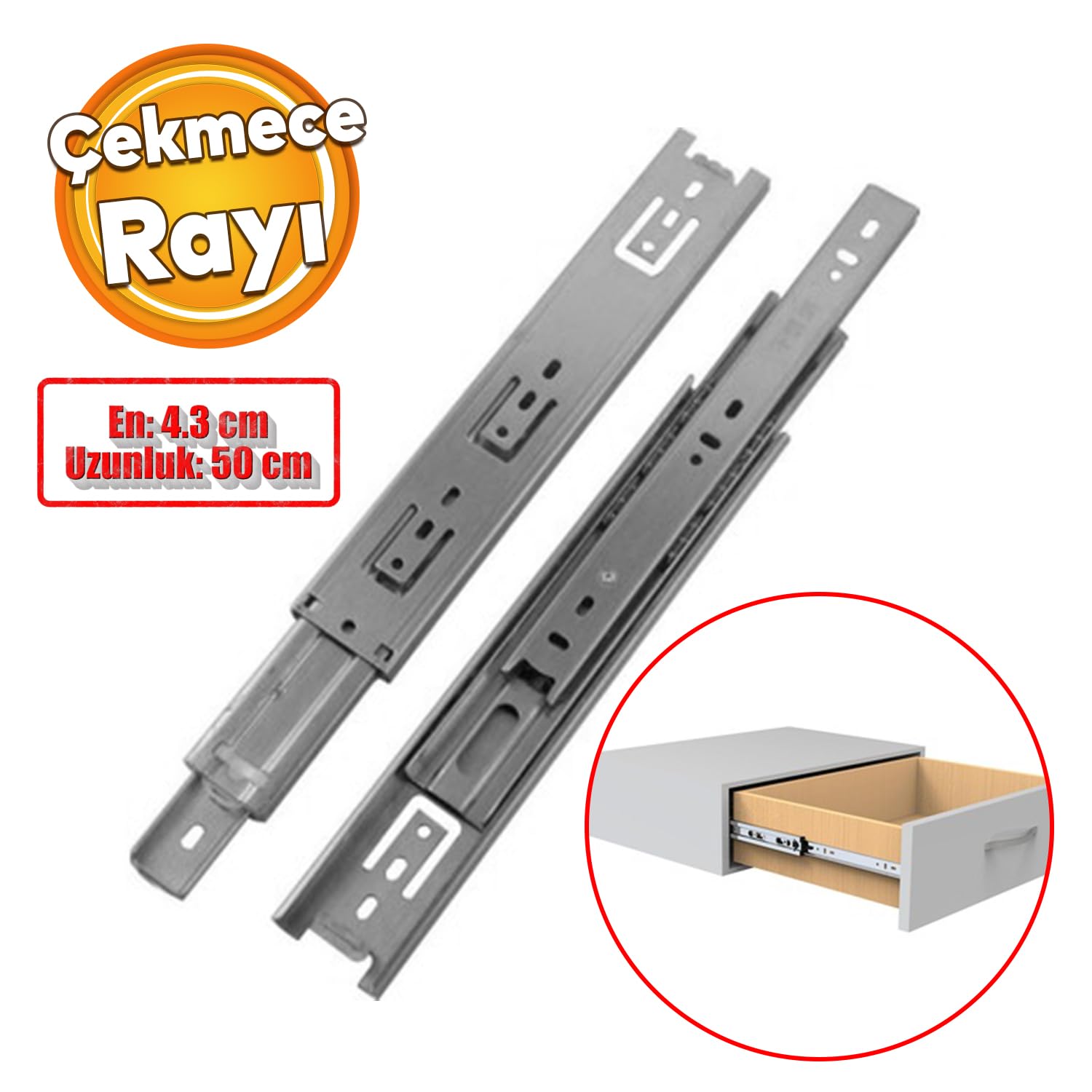 Badem10 Bilyalı Dolap Çekmece Rayı Metal En 4.3 cm Uzunluk 50 cm Gardrop Mutfak Dolabı