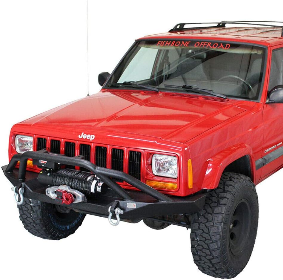 Fishbone Offroad Cherokee XJ Front Winch Bumper W/Grille Guard Bullhead Steel Black Textured Powdercoat