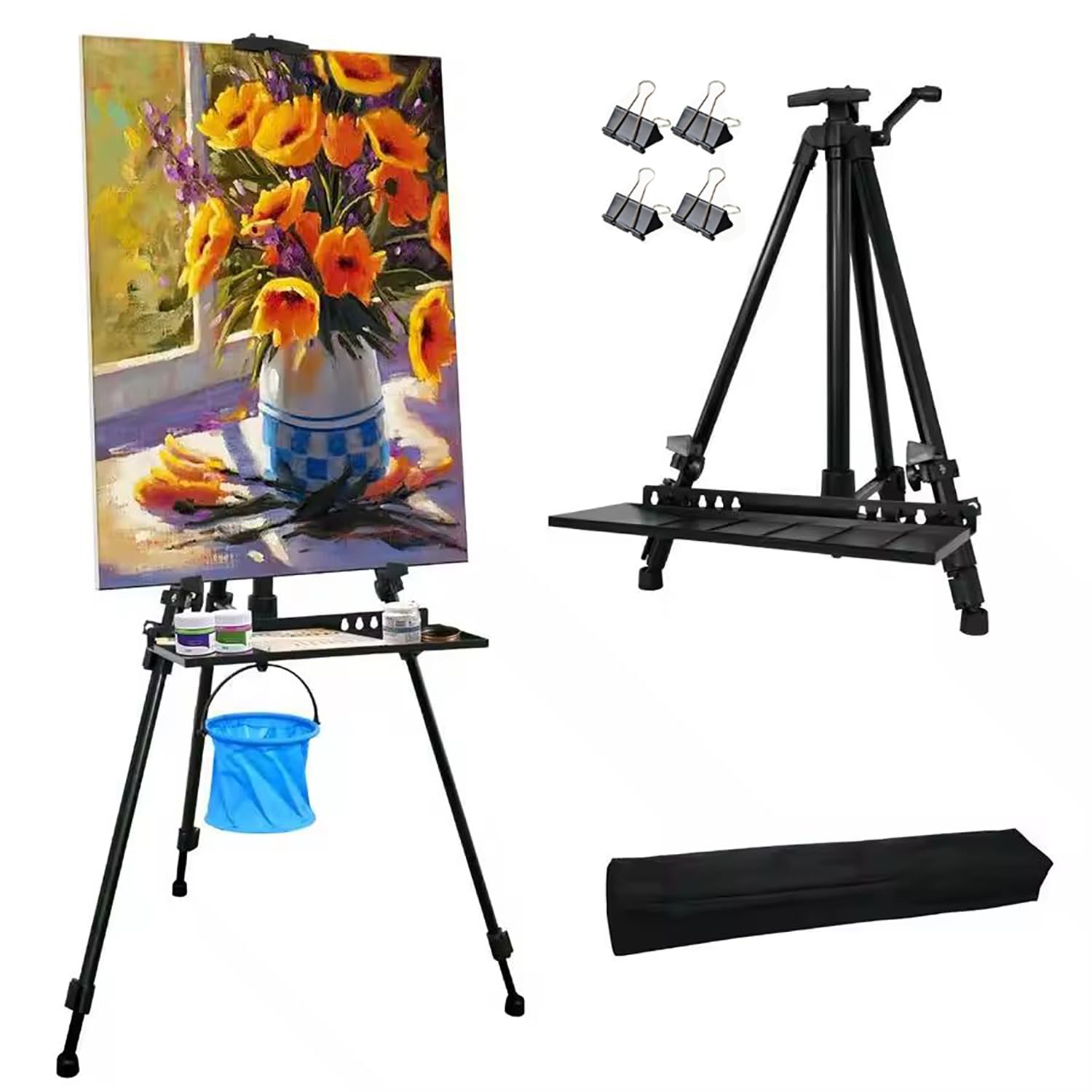 Staffelei Schwarz, Staffeleien, Höhenverstellbare Staffelei für Kuntsmalerei 57-157cm, Werbung mit Kompass, Wasserwaage, Haken für Wassereimer, Pinselablage,Tragetasche für Kuntsmalerei und Werbung