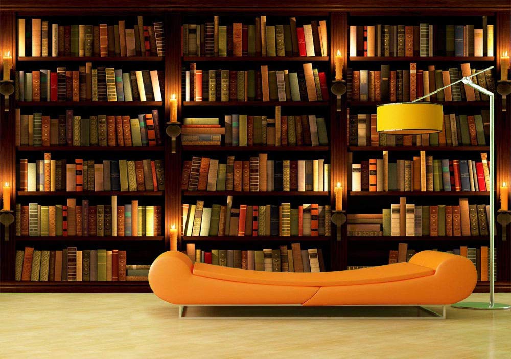 Bibliothèque murale 3D salon chaleureux avec bougies déco 250x175