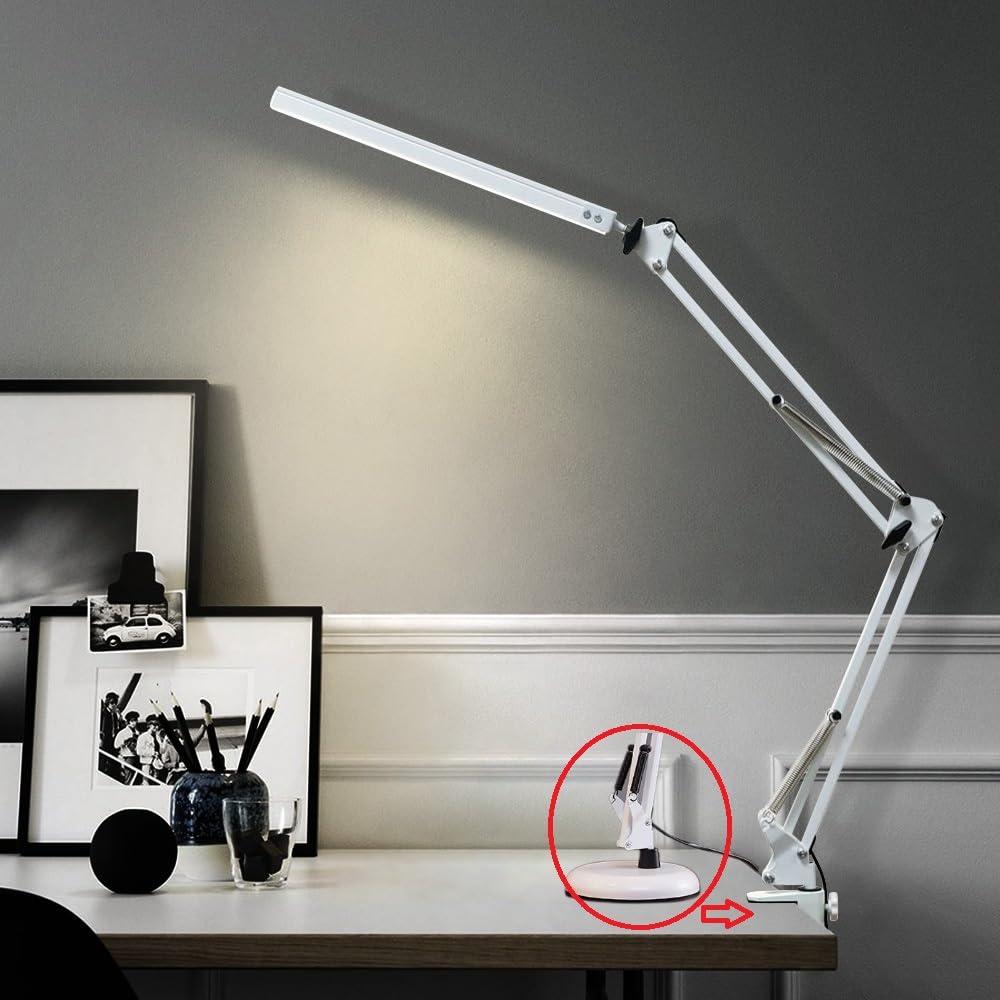 Metal Swing Arm Desk Lamp Interchangeable Base Or Clamp Classic Architect Clip On Study Table Lamp Multi Joint Adjustable Arm 360 LED Rotation Black Finish 3 Color LED 10 Level Dimmable (White)