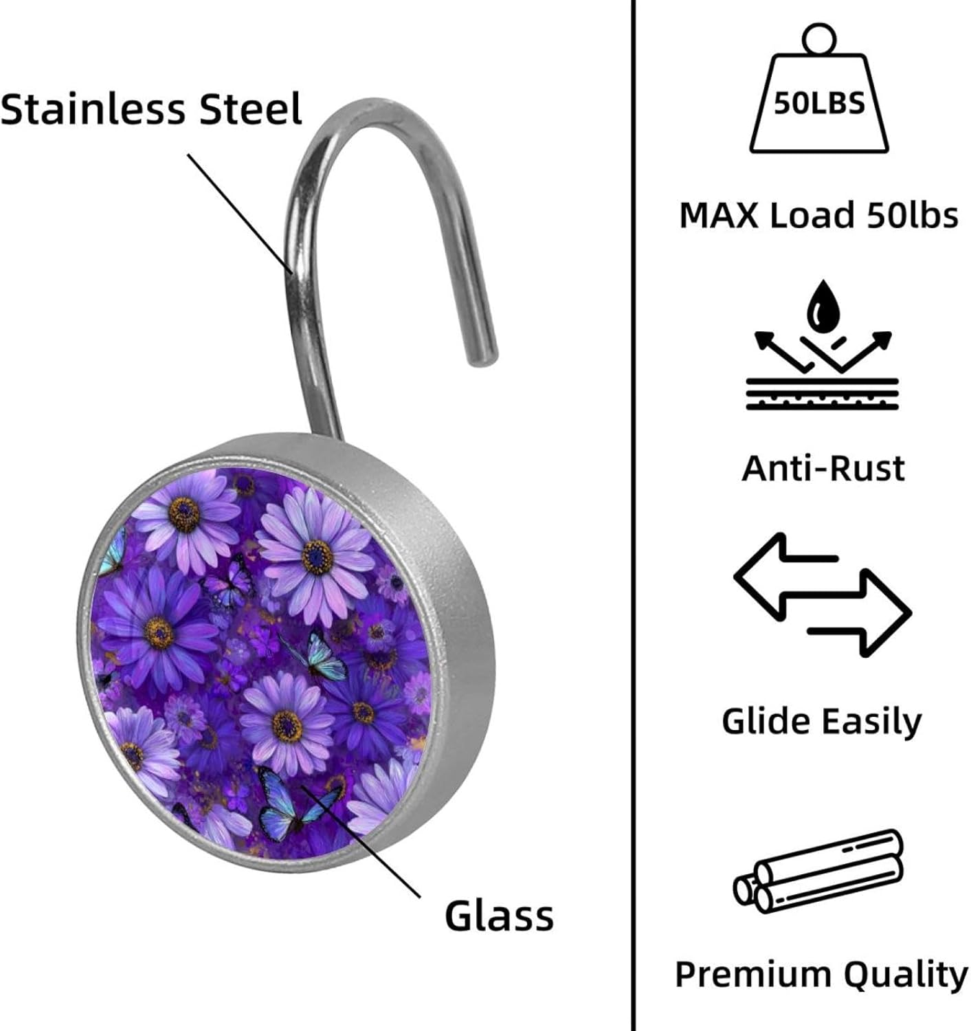 Set of 12 Shower Curtain Hooks, Shower Curtain Rings Crystal Glass Decorative Bathroom Hook, Daisy Butterflies Purple (2)