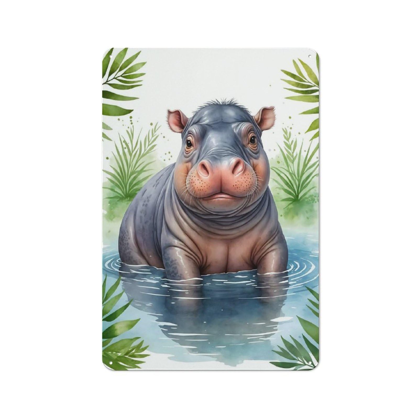 Junmoney Style-21 Cute Hippo Watercolor Rustic Metal Plaque 30X20cm For Garage Or Workshop, For Kitchen, Dining Room And Home Bar Wall Decor