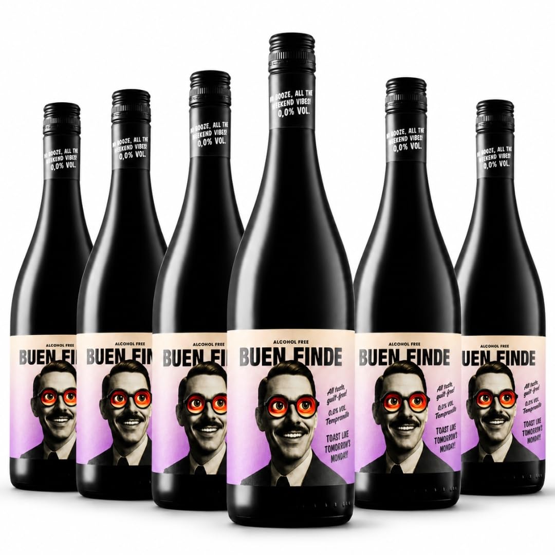 Buen Finde® Vino Sin Alcohol 0,0% Tinto Tempranillo | Pack 6 Botellas x 750 ml | Vino Desalcoholizado Premium | Bajo en calorías, vegano, equilibrado y afrutado