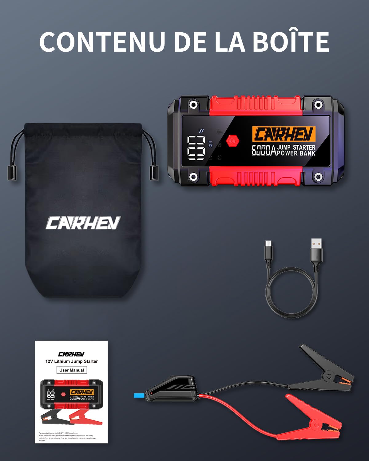 CARHEV Booster Batterie Voiture 6000A, 26800mAh Démarreur de Voiture (Jusqu’à 10L Essence & 10L Diesel), 12V Portable Jump Starter avec Lampe à LED, Grand Écran LCD, Pinces de Sûreté Intelligentes