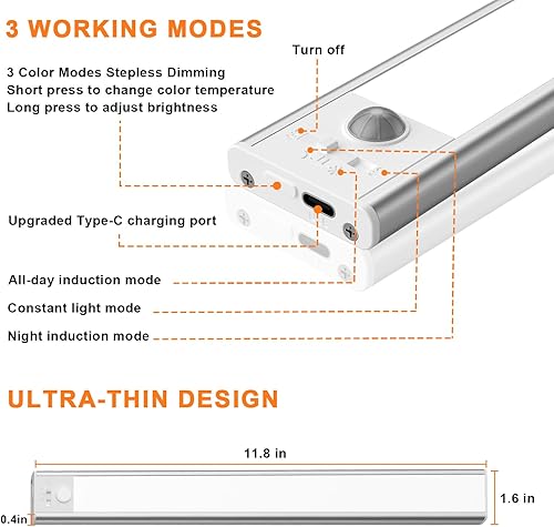 Miniatura 4 de Luz de gabinete con sensor de movimiento, paquete de 2 luces LED inalámbricas recargables por USB para debajo del gabinete, armario, armario,