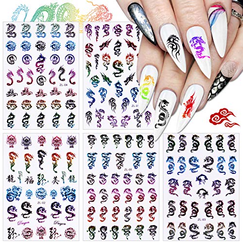 5 Sheets Colorful Dragon Nail Art Stickers, Kalolary 3D Nail Art Stickers Decals Fashion Dragon Nail Stickers for Fingernails Decor Manicure Decorations Nail Art Accessories
