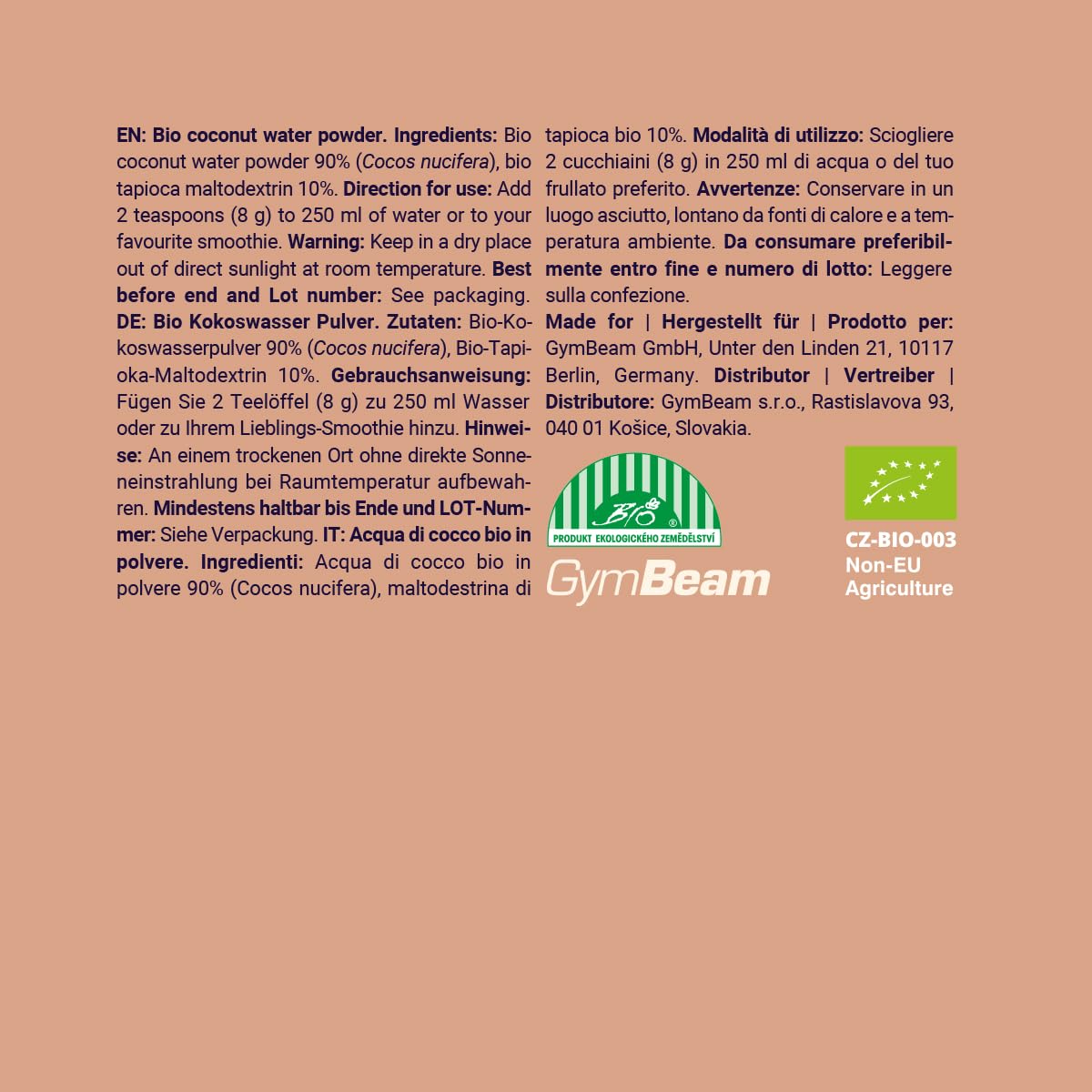 GymBeam BIO Kokosnusswasser-Pulver - Schonend getrocknetes Kokosnusswasser aus BIO-Kokosnüssen, 29,8 kcal pro Portion, glutenfrei, laktosefrei, vegan, süß und erfrischend, 100 g