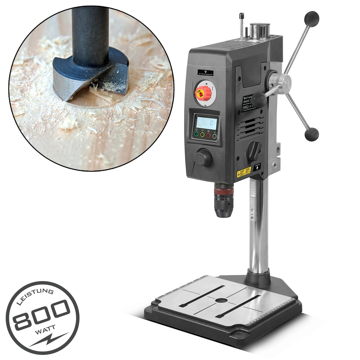 STAHLWERK Tischbohrmaschine mit Kreuzlinienlaser – 800 W Ständerbohrmaschine, Drehzahl 200 – 2.500 U/min, Schnellspannbohrfutter 1,5-13 mm, Säulenbohrmaschine mit 90 mm Bohrhub und Digitaldisplay