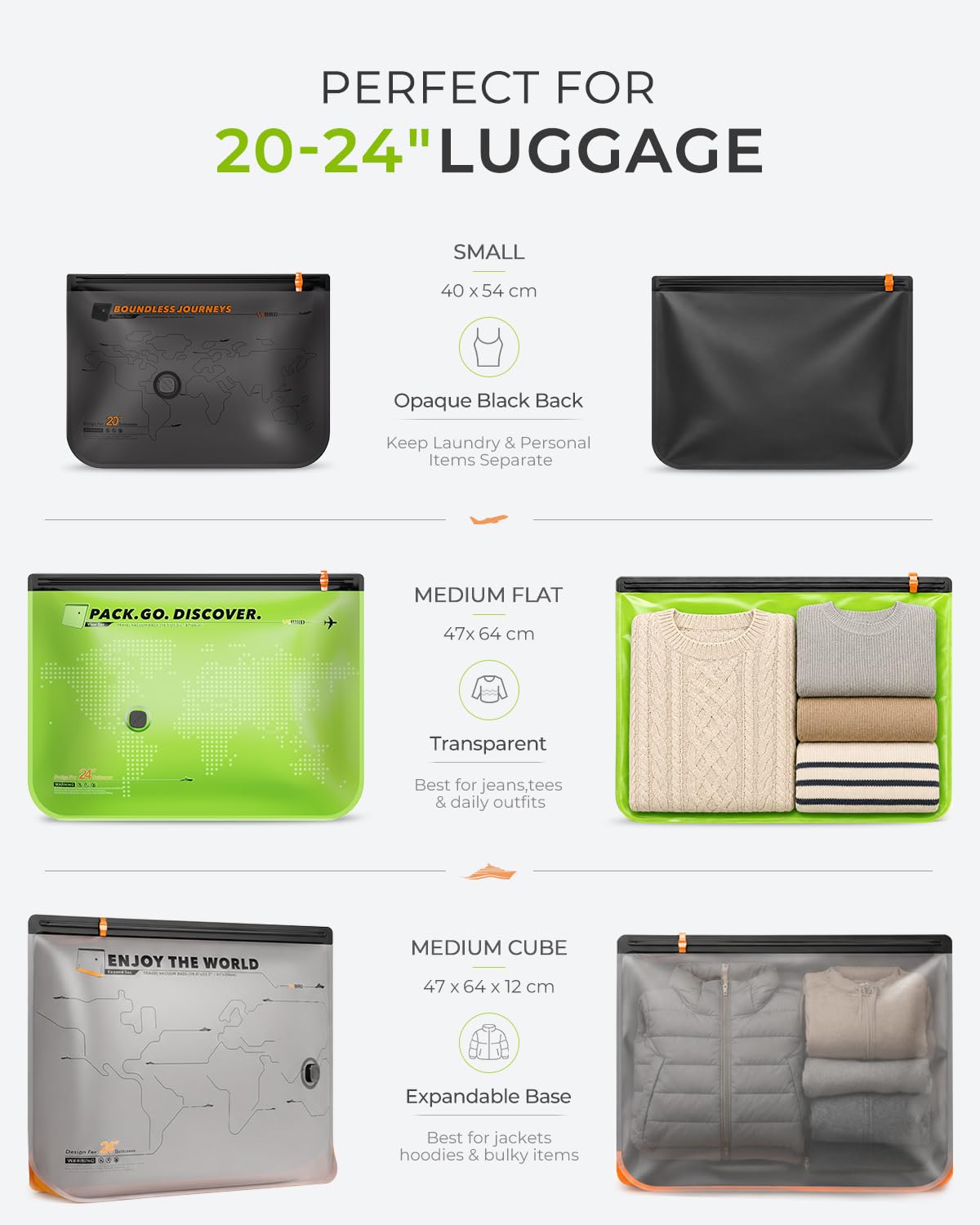Vacbird 20 Bolsas Vacio Ropa con Bomba de Vacío Eléctrica Inalámbrica, 8 x 40 x 54 cm, 8 x 47 x 64 cm, 4 x 47 x 64 x 12 cm, Ideales para Viajes y Organizar la Maleta