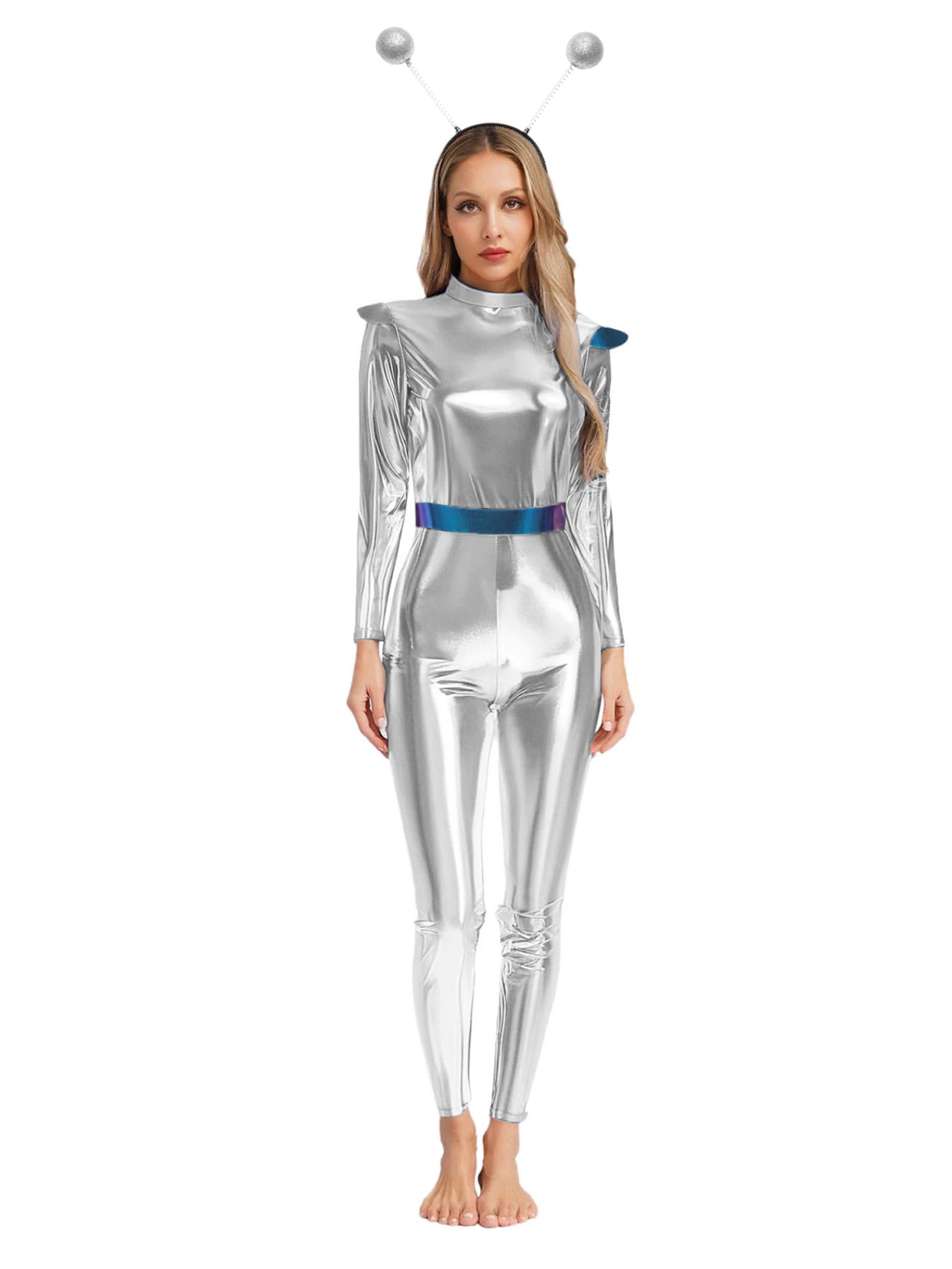 Yiesvsov Halloween Costumes for Women Alien Metallic Jumpsuit Long Sleeve Catsuit Funny Bodysuit 2 Pcs Set Silver 3XL