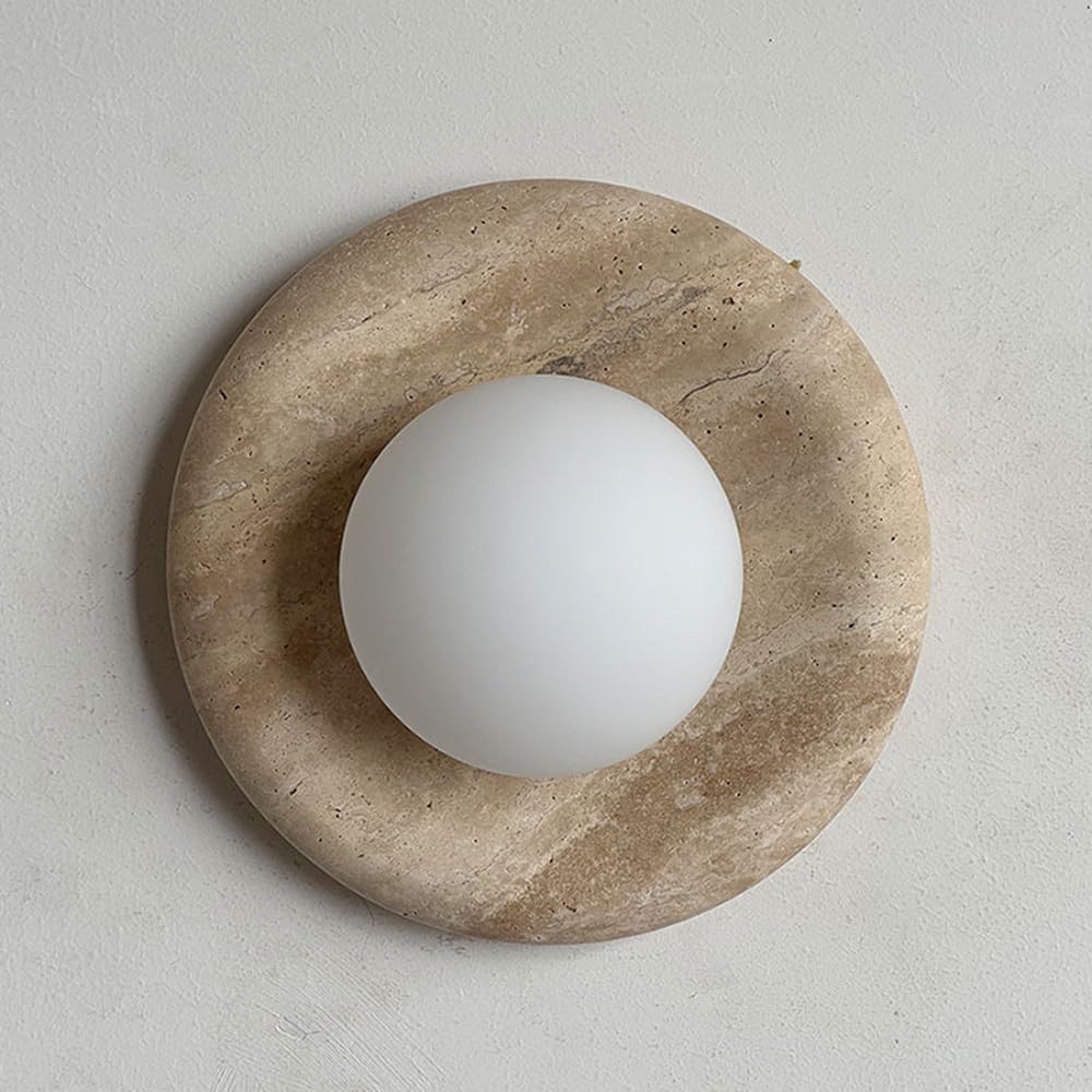 HXYSXHJUO Mid-century Round Alabaster Marble Wall Sconce, Circular Stone Vanity Light For Home Entryway Stairs Dining Bathroom Beige