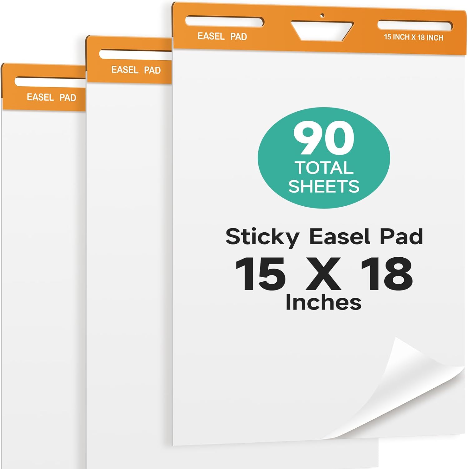 MARACOL Sticky Easel Pad, 15 x 18 Inches Large Self Stick Flip Chart Paper, 30 Sheets/Pad, Anchor Chart Paper for Teachers, Classrooms, Students and Office Use, Sticky Chart Paper - 3 Pads/Pack
